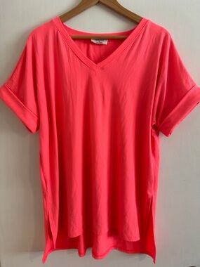 Zenana Outfitters Neon Coral V-Neck Short Sleeve Tunic
